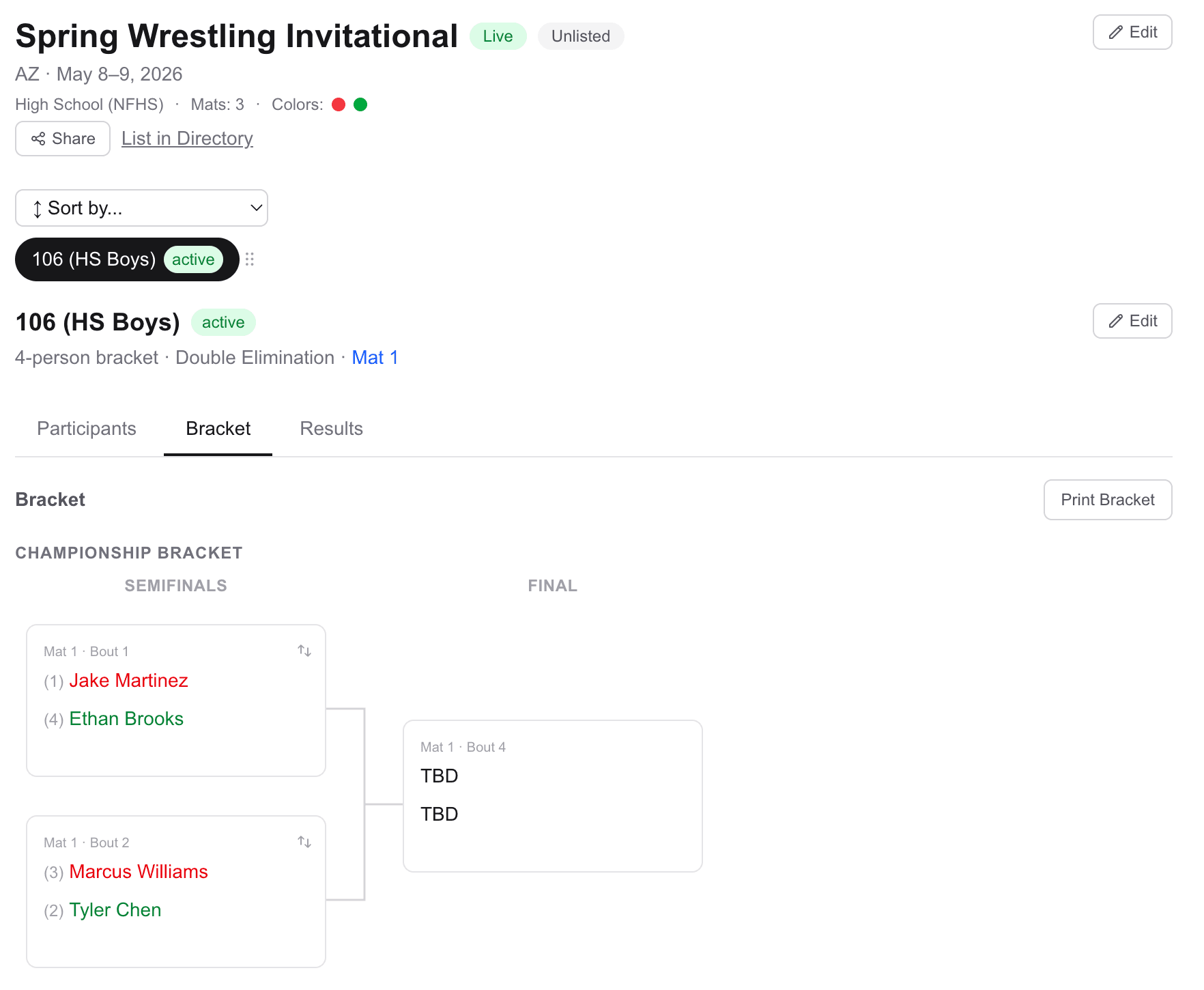 Bracket page during the event: mat picker plus match cards showing scores.