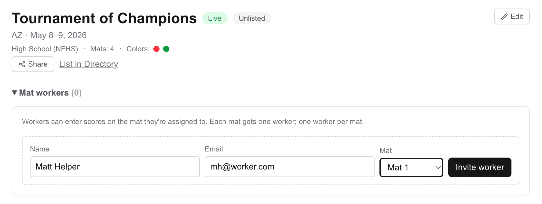 Mat workers panel on the manage page: table of active workers with their email, mat, and actions, plus the invite form below.