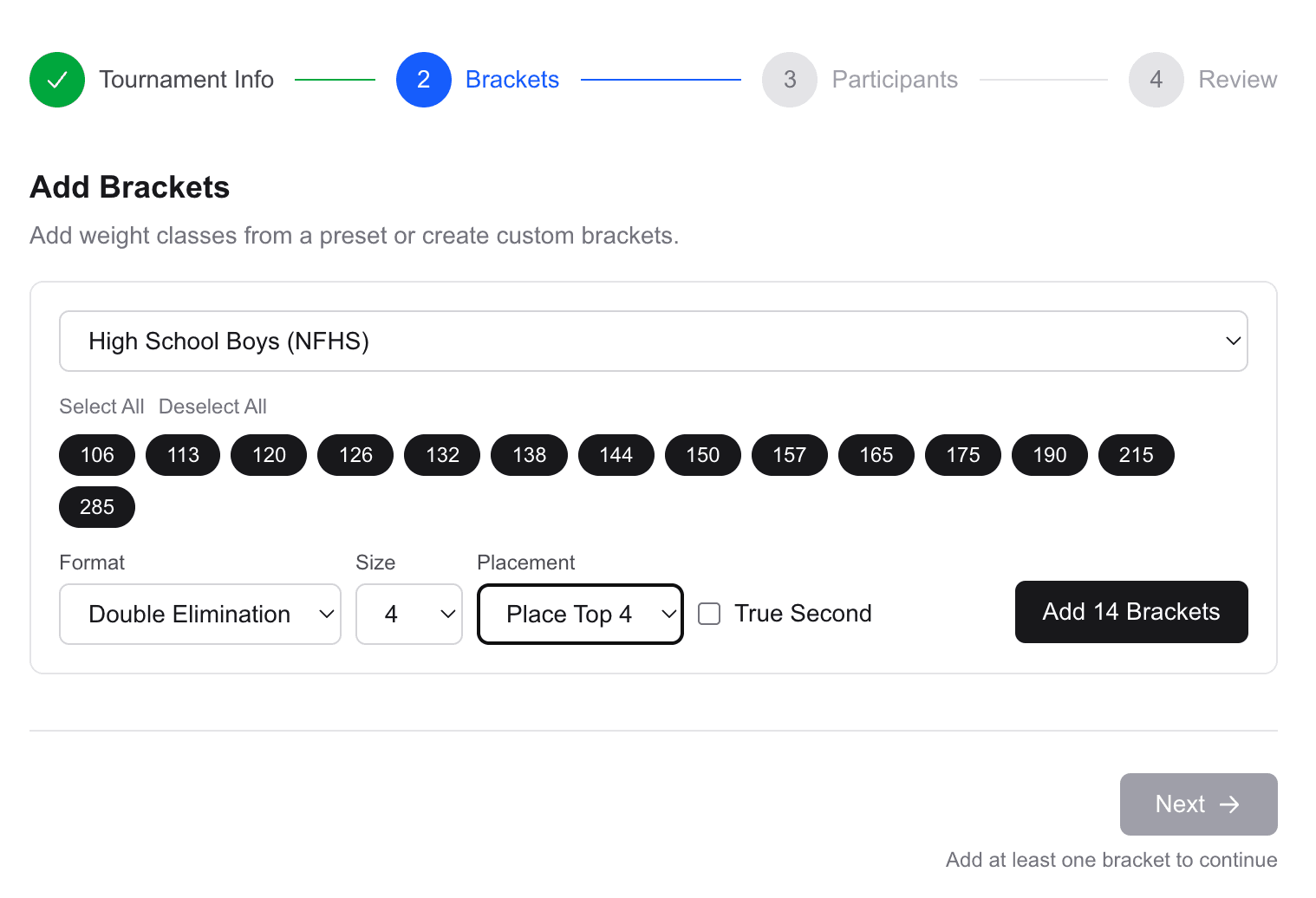 Wizard step 2 — Brackets: preset weight classes, format, size.