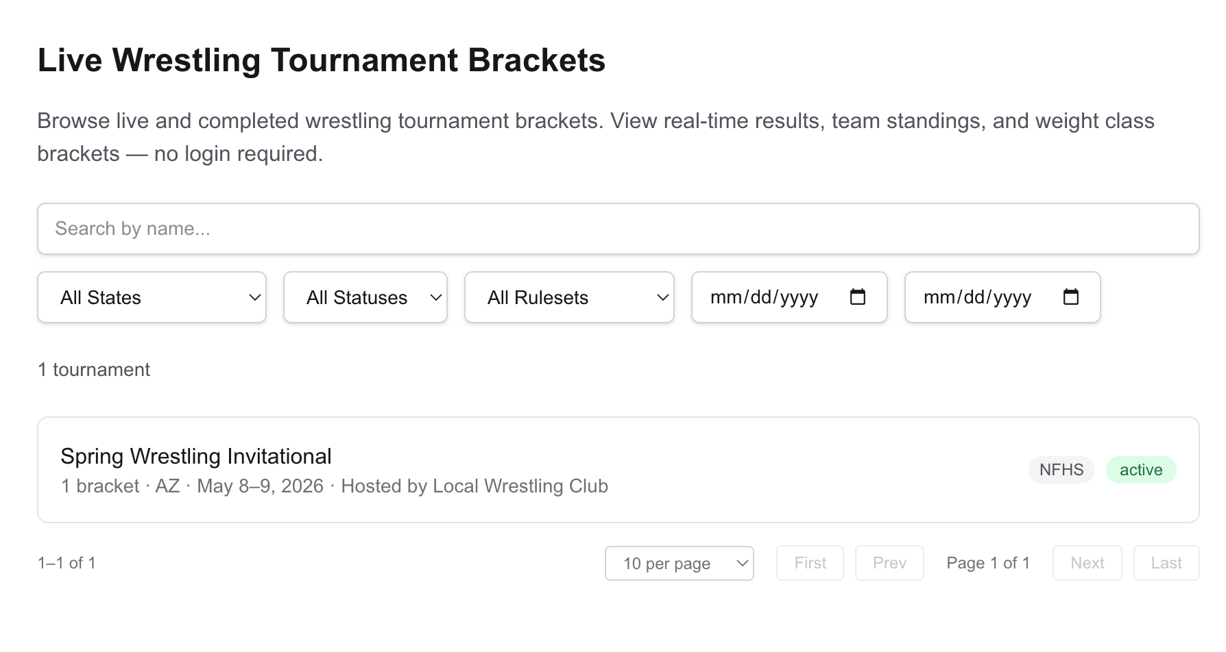 Public tournaments page: search bar and filters by state and year.