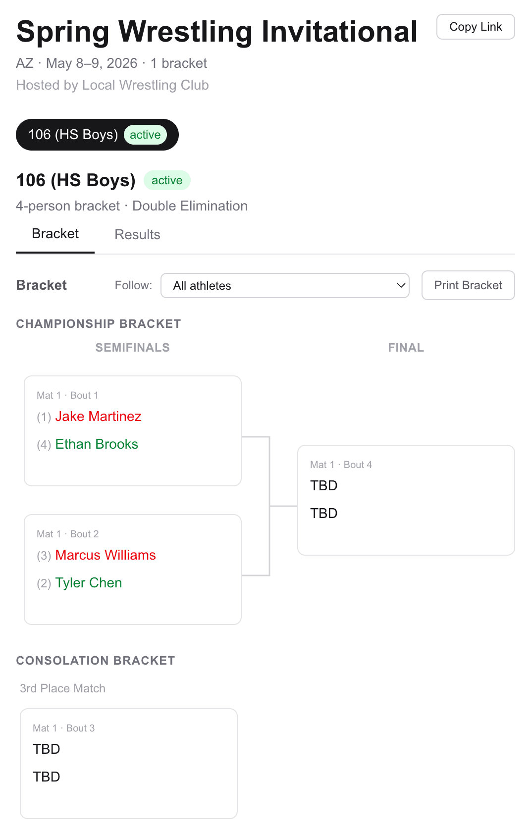 Public tournament page showing weight classes and a bracket.