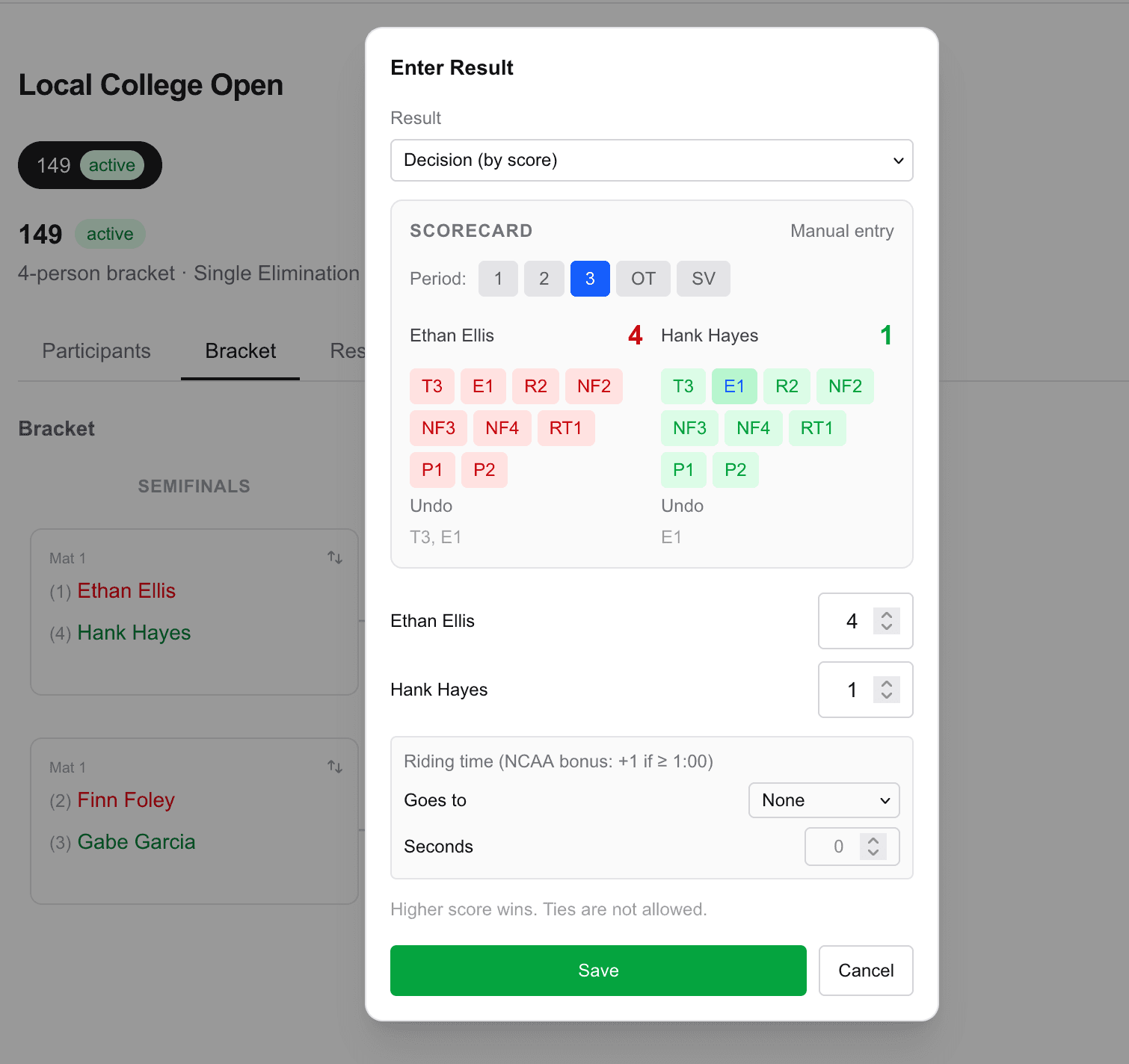 Match card with the Enter Result dialog open: result type selector, score inputs, save button.