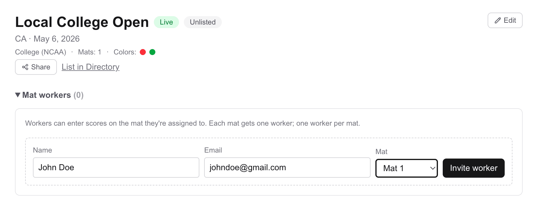 Director's Mat workers panel showing the invite form (name, email, mat) and a worker row with status badge.