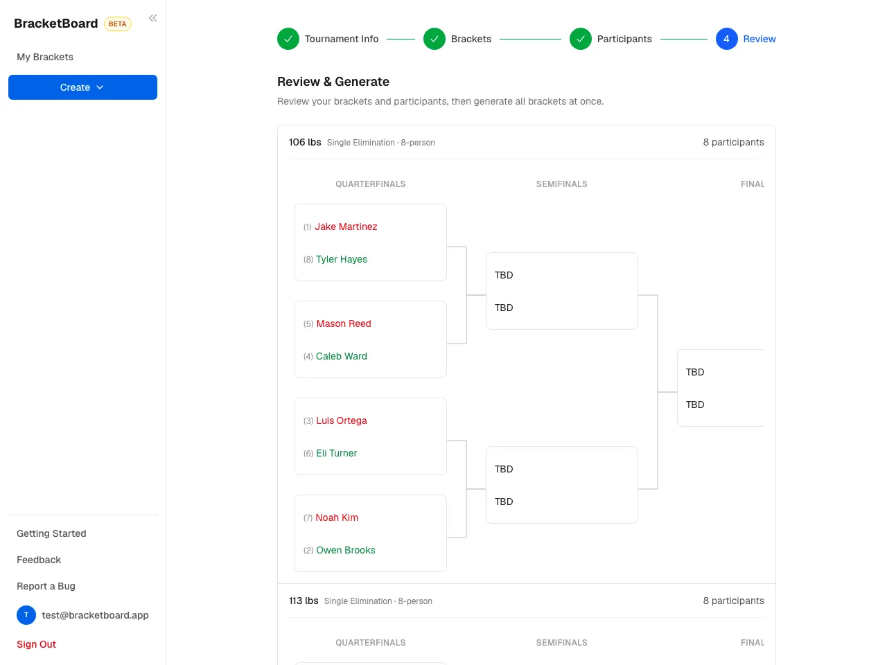 Setup wizard, step 4: a preview of each bracket before it's generated.