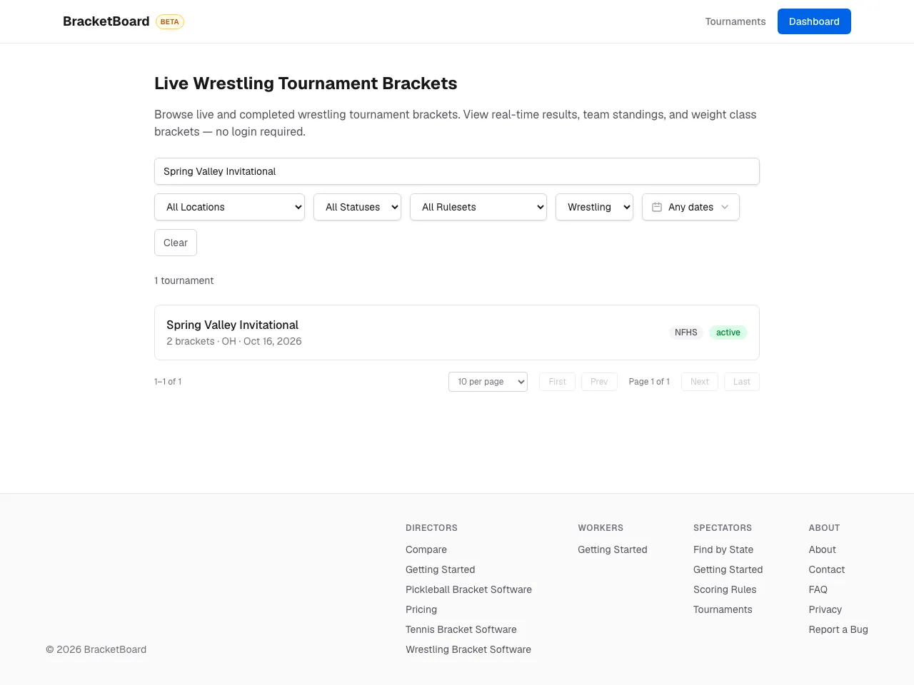 Browsing public tournaments with search and filters.