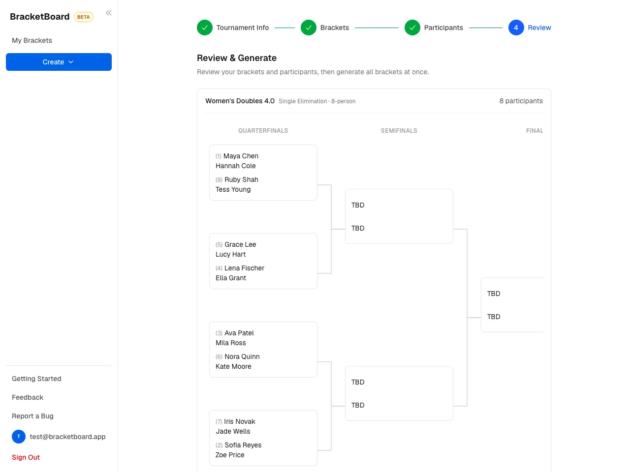 Setup wizard, step 4: a preview of each bracket before it's generated.