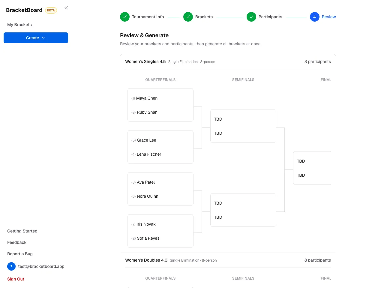 Setup wizard, step 4: a preview of each bracket before it's generated.